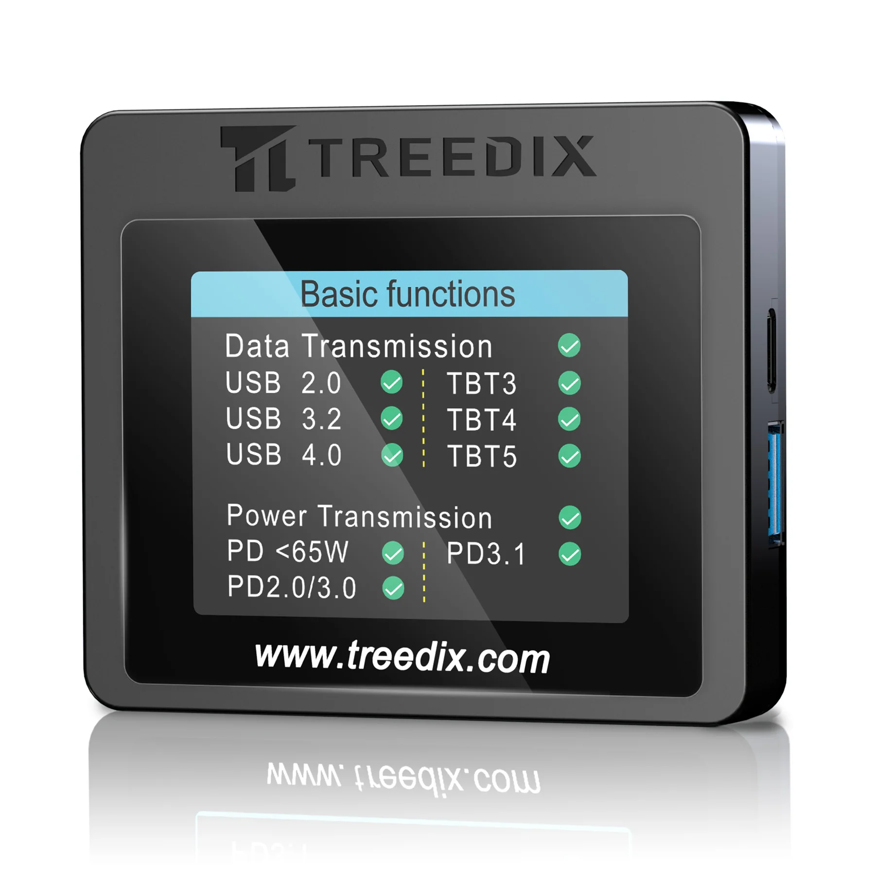 Treedix USB Cable Tester with its color display showing USB, Thunderbolt, and Power Delivery checks