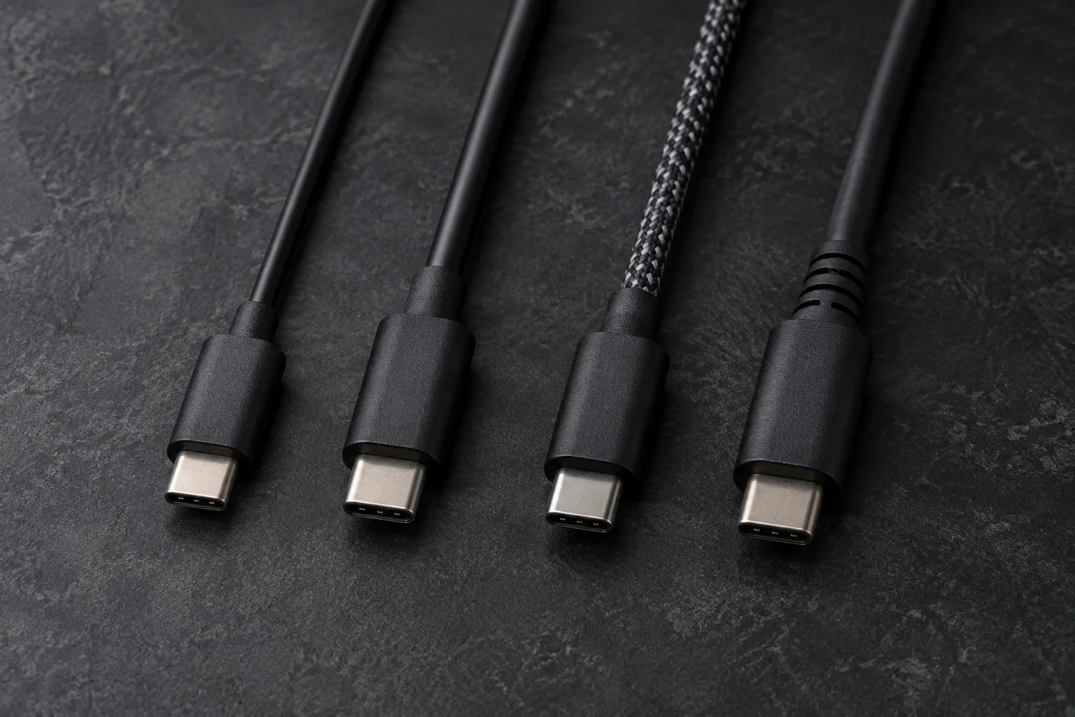 Four USB-C cables with identical plugs but different thicknesses and outer materials